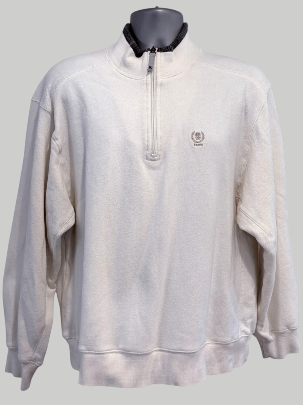 IZOD Mens L Quarter Zip Fleece Sweatshirt Knit Cream Gray Cotton Blend Y2K Prepp